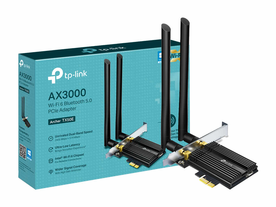 Wireless Dual Band PCI Express Adapter TP-LINK Archer TX50E (AX3000: 574Mbps+2.402Mbps) c/ 2 Antenas c/ Bluetooth 5.0