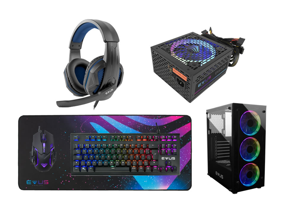 Kit Barebone EVUS EV-G16 (Gabinete + Fonte 500W + Mouse + Teclado + Mousepad + Headset)