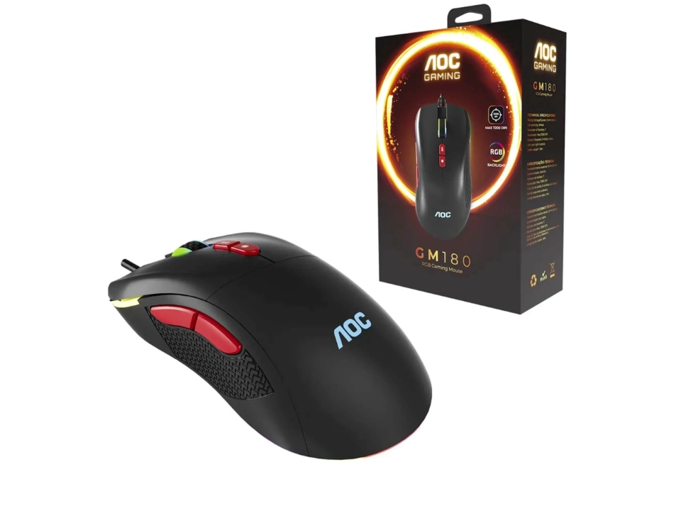 Mouse Gamer USB AOC GM180 [GM180B/LA] (7200 DPI) Preto