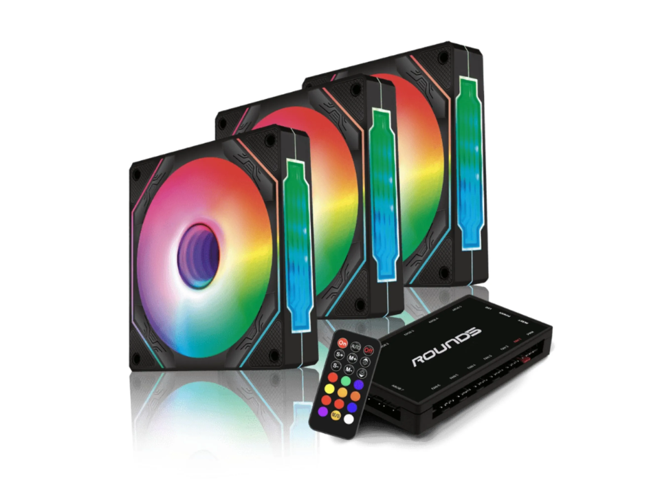 Kit 3 Fans/Exaustores ARGB p/ Gabinete 12 x 12 cm ROUND5 Aurora Black c/ Controladora [R5-KIT-AURORA-FW-B-2219]